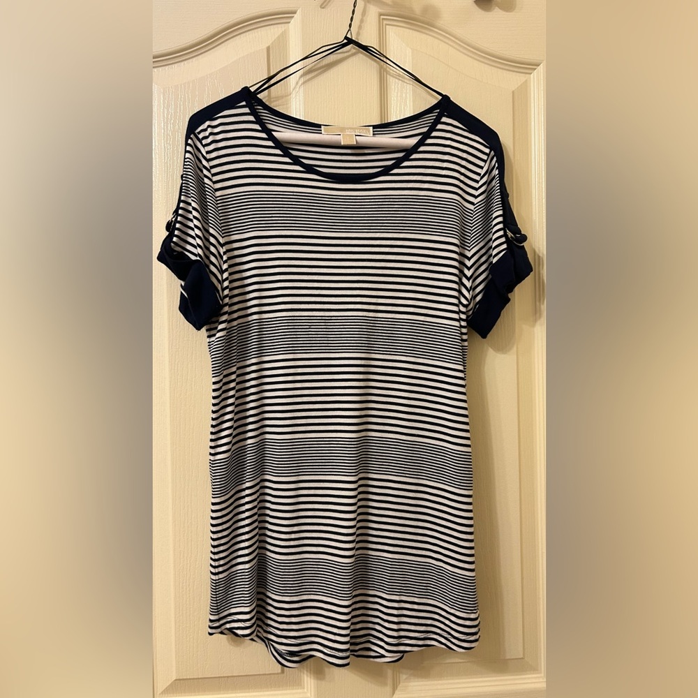 Michael Kors Navy and White Striped Short Sleeve Top